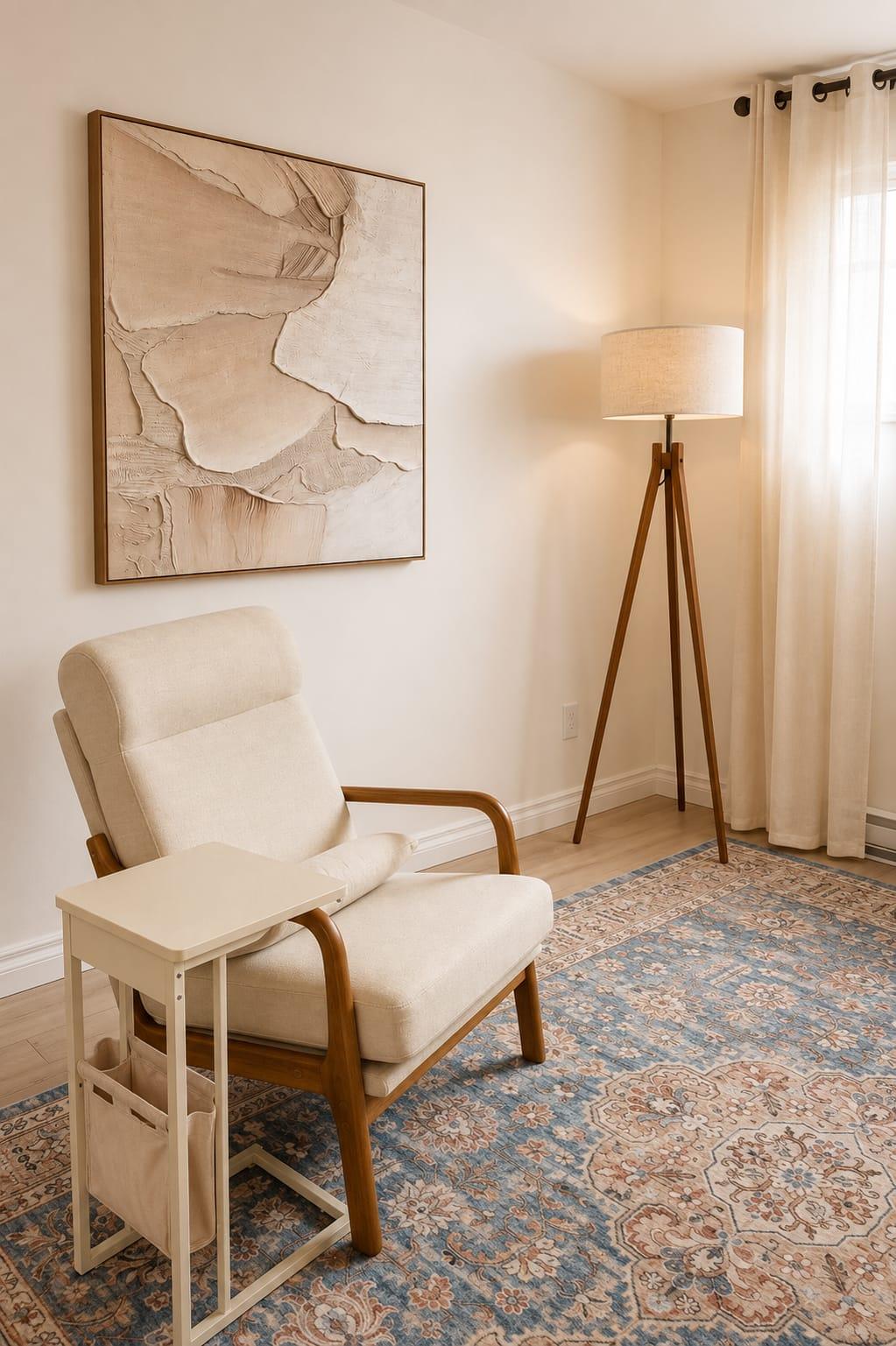 Le bureau de consultation d'Arielle Boulet Giroux à Gatineau : fauteuil, œuvre d'art et lampe dans une pièce calme et lumineuse