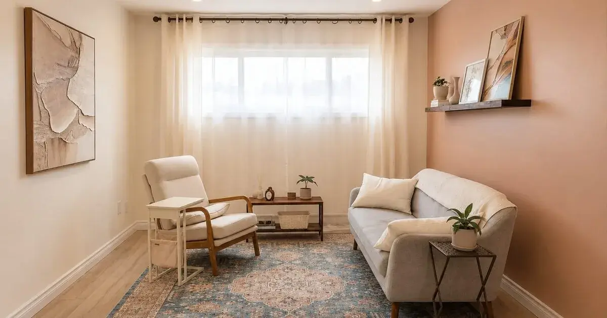 Le bureau de consultation : un fauteuil et un canapé face à face, près d'une fenêtre voilée, dans une pièce aux tons chauds